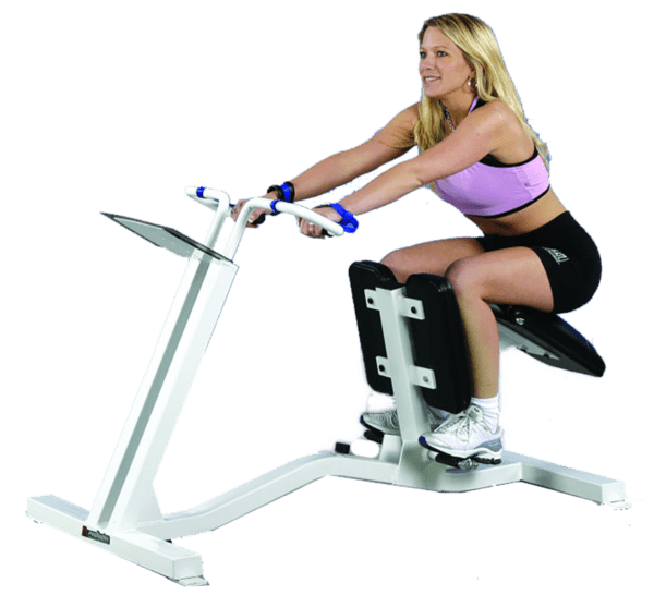 A woman is sitting on the FW-125 Stretching Machine.