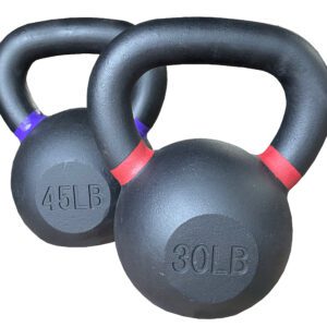 Two Black Cast Kettlebells on a white background.
