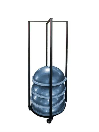 A metal Bosu Ball Rack with a large number of balls on it.