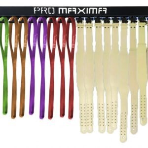 A wall mounted storage rack with several different colored swivels.