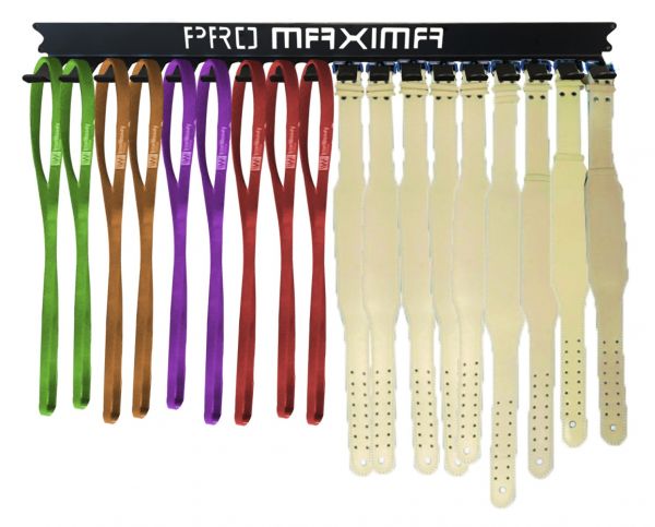 A wall mounted storage rack with several different colored swivels.