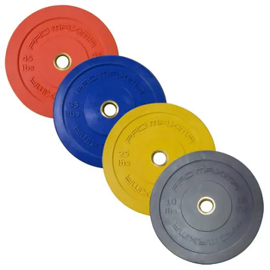 Four different Colored Bumper Plates on a white background.