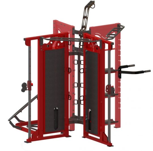 A red and black Equalizer 5 gym machine with a pulley.