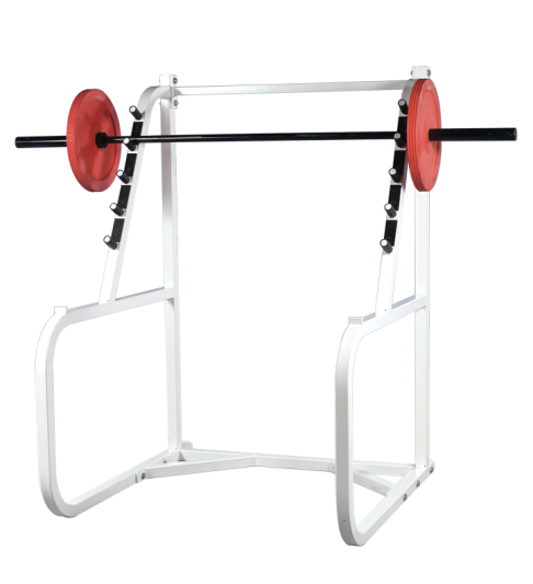 A FW-10 Performance Plus Squat Rack with a barbell on it.