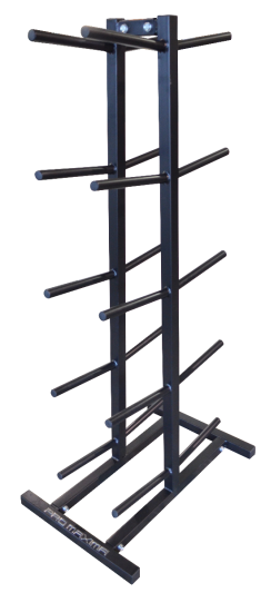 A FW-114L Double Sided Medicine Ball Rack with a number of weights on it.
