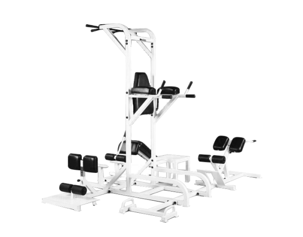 A FW-117 ISO-Fit Trainer / 8-Station gym equipment set with a bench and a squat stand.