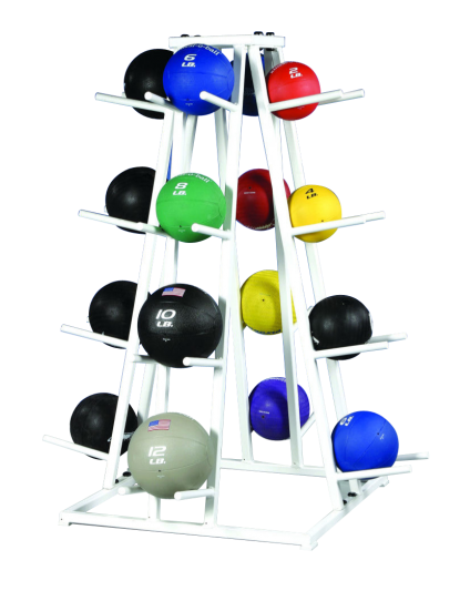 A FW-118 4-Sided Medicine Ball Rack with many different colored balls.