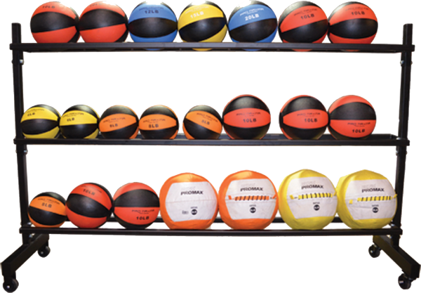 A FW-130-3 3-Tier Medicine Ball Rack with a variety of balls on it.