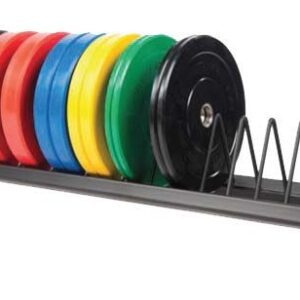 A FW-139L Horizontal Bumper Plate Rack with several weight plates on it.