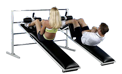 A man and a woman doing sit ups on the FW-143 Flat Sit Up Board.
