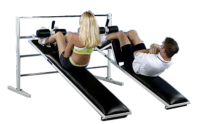 A man and a woman using the FW-144 Raised Leg Sit-Up Board.
