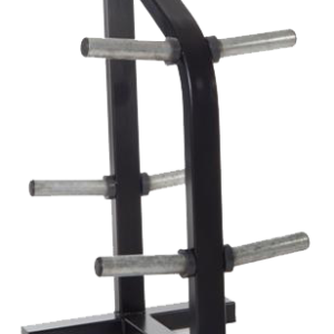 A black FW-152 Weight Tree rack with four weights on it.