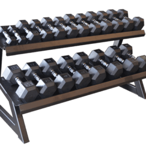 A FW-234L Two Tier Shelf Dumbbell Rack on a black stand.