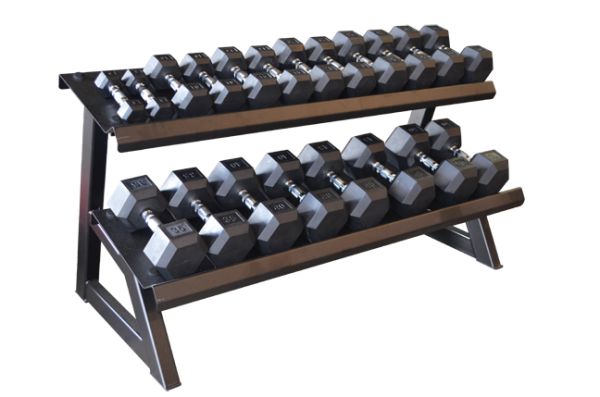 A FW-234L Two Tier Shelf Dumbbell Rack on a black stand.