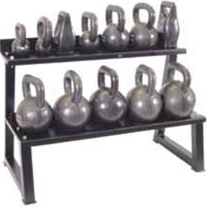 FW-275L Two Tier Shelf kettlebell Rack with several kettlebells on it.