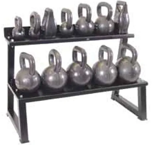 FW-275L Two Tier Shelf kettlebell Rack with several kettlebells on it.