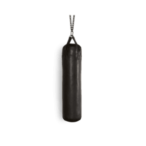 A black heavy bag hanging on a chain.