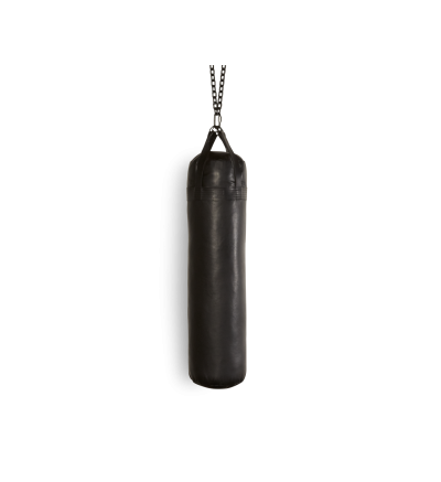 A black heavy bag hanging on a chain.