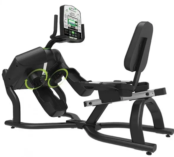 A black and green Helix HR-3500T Recumbent Trainer with a seat and handlebars.