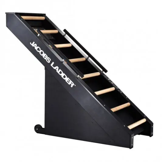 A black Jacobs Ladder with wooden steps on it.