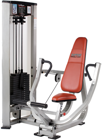 A RAPTOR P-1000 Vertical Chest Press machine with a red and red seat.