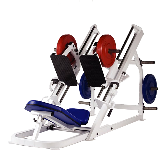 A P-1200 Unilateral Inverted Leg Press machine with blue and red handles.