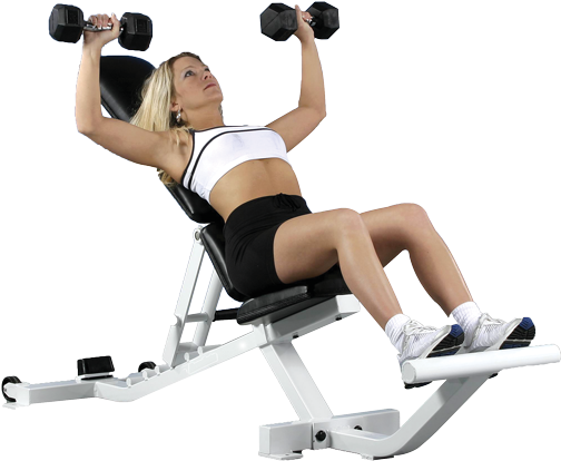 A woman lifting dumbbells on a PL-123 Power Bench.