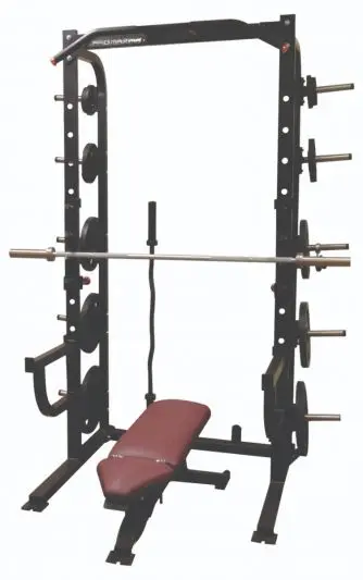 A PL-126 Economy Half Rack with a bench and weights.