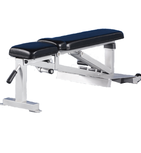 An Adjustable w/Spotter Stands weight bench on a black background.