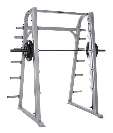 A squat rack on a black background.