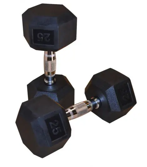 Two Hexagon Rubber Dumbbells on a white background.