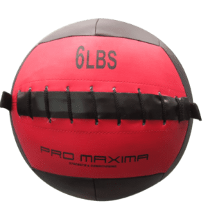 A red and black Soft Medicine Ball with the word 6lbs on it.