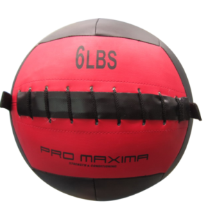 A red and black Soft Medicine Ball with the word 6lbs on it.