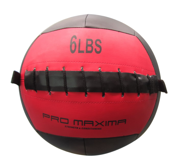 A red and black Soft Medicine Ball with the word 6lbs on it.