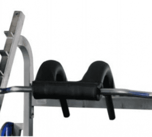 An Olympic Squat Bar with a blue plate on it.