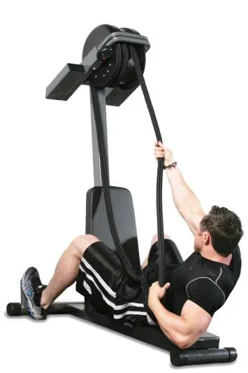 A man using a Ropeflex RX2300 exercise machine with a rope attached to it.