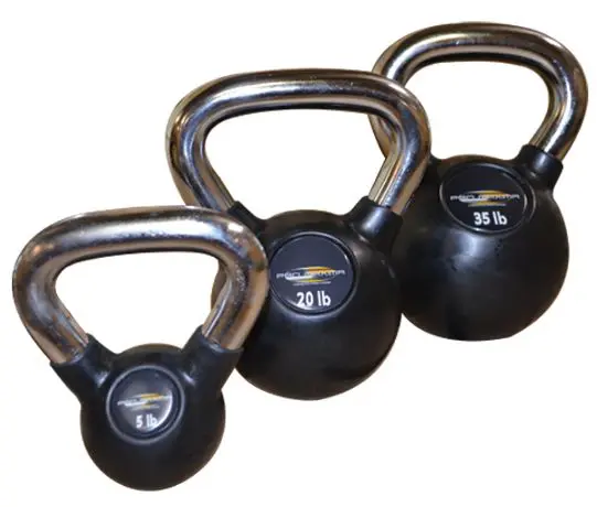 Three Rubber Kettlebells on a white background.