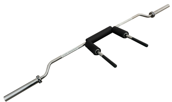 A Safety Squat Bar with two handles on a black background.