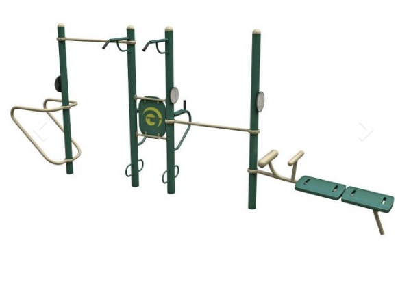 A green and white 6-Person Static Combo exercise equipment set.