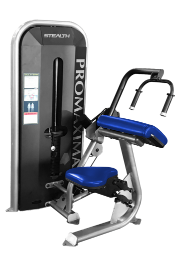 A gym machine with a STEALTH ST-60 Seated Tricep Extension seat and a blue seat.