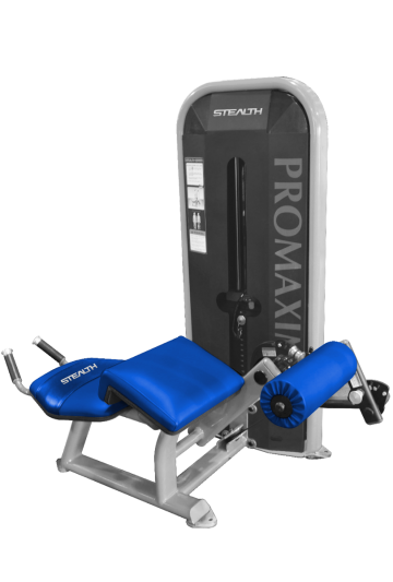 A STEALTH ST-85 Prone Leg Curl with a blue seat and a blue cushion.