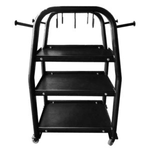 A STR-10 3 Tier Deluxe Accessory Rack cart with three shelves on wheels.