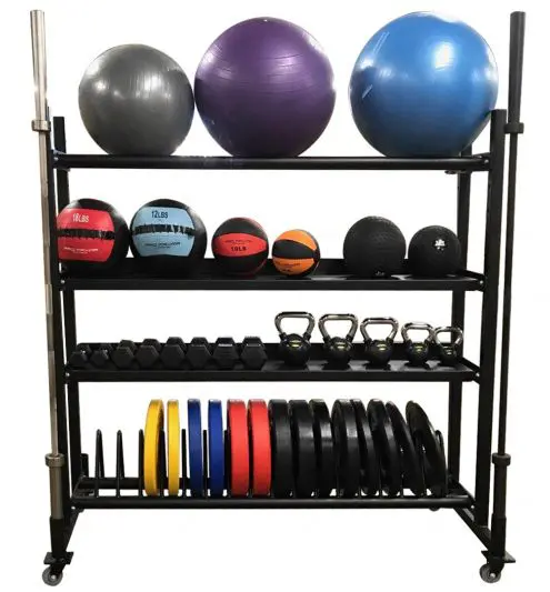 A STR Mobile Storage Rack with a variety of weights and balls on it.
