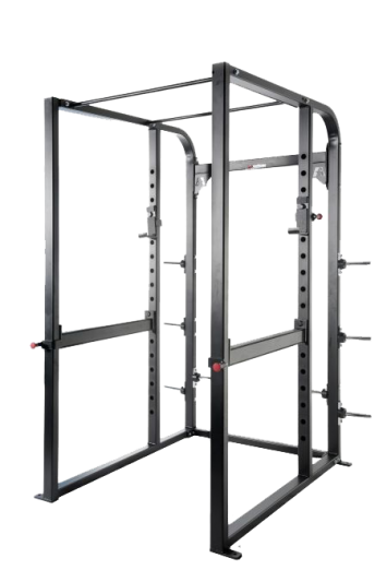 A squat rack on a black background.