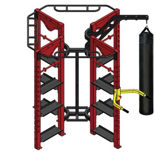 A boxing rack with a punching bag attached to it.